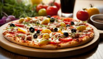 ai genererad nyligen bakad pizza med mozzarella, tomat, och oliver genererad förbi ai foto