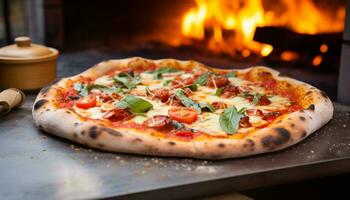 ai genererad nyligen bakad pizza på trä- tabell, italiensk gourmet genererad förbi ai foto