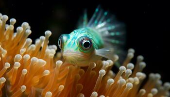 ai genererad stänga upp av en färgrik clown fisk simning under vattnet genererad förbi ai foto