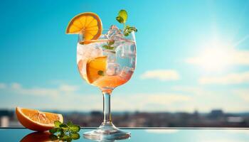 ai genererad uppfriskande citrus- cocktail på trä- tabell, sommar vibrafon genererad förbi ai foto