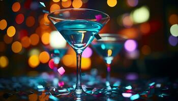 ai genererad nattklubb firande, Martini glas, upplyst underhållning klubb, uppfriskande cocktail genererad förbi ai foto