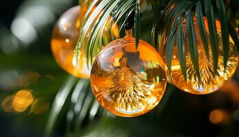 ai genererad skinande jul träd prydnad hängande, lysande med humör genererad förbi ai foto