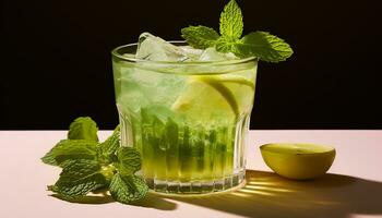 ai genererad uppfriskande mojito cocktail med mynta blad garnering genererad förbi ai foto