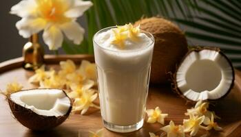 ai genererad uppfriskande kokos dryck, en smak av tropisk paradis genererad förbi ai foto