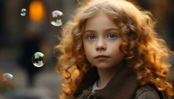 ai genererad glad flickor blåser bubblor, fattande sorglös barndom genererad förbi ai foto
