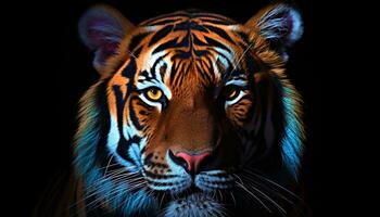 ai genererad majestätisk tiger stirrande, randig päls, vildkatt i natur genererad förbi ai foto