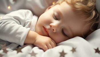 ai genererad söt bebis flicka sovande lugnt i bekväm säng genererad förbi ai foto