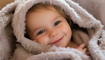 ai genererad söt bebis pojke leende, glad porträtt av oskuld genererad förbi ai foto