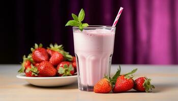 ai genererad friskhet och sötma i en jordgubb milkshake genererad förbi ai foto