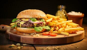 ai genererad grillad nötkött burger med ost, pommes frites, och tomat genererad förbi ai foto