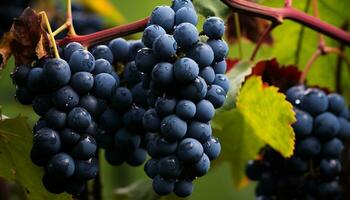 ai genererad mogen druva klasar hängande på vin i höst genererad förbi ai foto