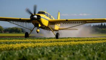 ai genererad flygande propeller flygplan i blå himmel över lantlig bruka genererad förbi ai foto