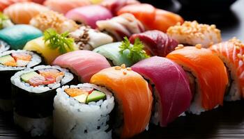 ai genererad friskhet och kulturer på en tallrik av sushi genererad förbi ai foto