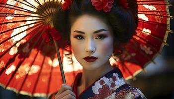 ai genererad elegant geisha förkroppsligar japansk skönhet och kultur genererad förbi ai foto