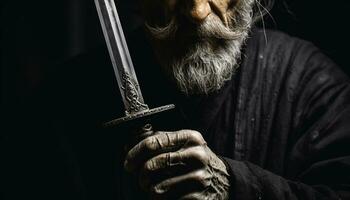 ai genererad gammal man med skägg innehav en skarp svärd genererad förbi ai foto
