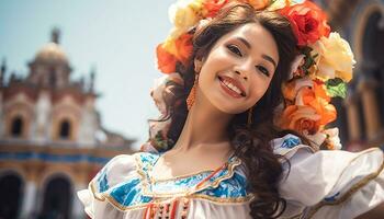 ai genererad leende kvinnor i traditionell Kläder fira kulturell skönhet genererad förbi ai foto