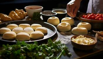 ai genererad friskhet och hemlagad deg matlagning på en gourmet tabell genererad förbi ai foto