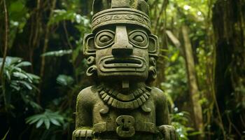 ai genererad gammal skulptur i tropisk skog förkroppsligar inhemsk andlighet genererad förbi ai foto