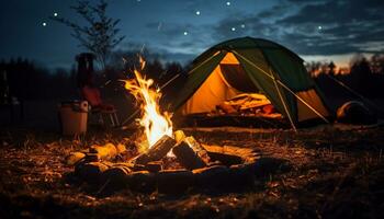 ai genererad camping äventyr, brand, tält, utomhus, natur, flamma genererad förbi ai foto