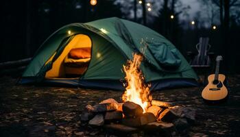 ai genererad camping i natur, brand lysande, män Sammanträde genererad förbi ai foto
