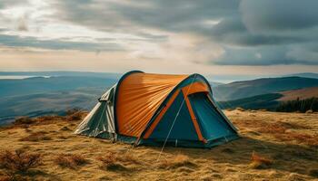 ai genererad berg topp, tält, äventyr, natur, vandring, camping genererad förbi ai foto