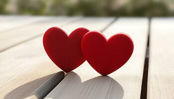 ai genererad kärlek på trä tabell, hjärta symboliserar roman genererad förbi ai foto