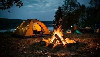 ai genererad camping äventyr, tält, brand, natur, avslappning, vandring genererad förbi ai foto