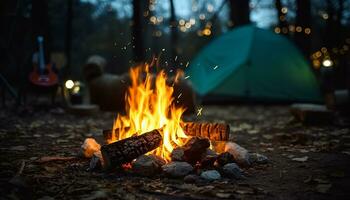 ai genererad lysande lägereld tänds mörk skog under sommar natt genererad förbi ai foto