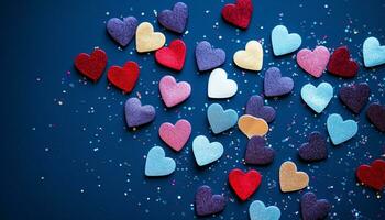 ai genererad kärlek firande, hjärta formad konfetti, godis, och choklad genererad förbi ai foto