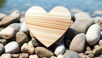 ai genererad kärlek i natur, hjärta formad sten på sandig strand genererad förbi ai foto