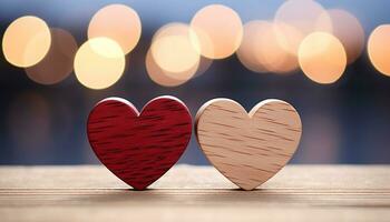 ai genererad romantisk kärlek på trä- tabell, lysande hjärta form genererad förbi ai foto