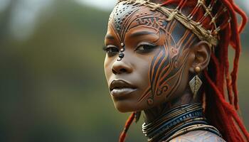 ai genererad skön afrikansk kvinna med traditionell Kläder och Smycken genererad förbi ai foto