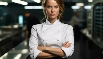 ai genererad självsäker ung kvinna kock i professionell kök genererad förbi ai foto