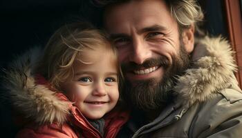 ai genererad leende far omfamnar söt son i vinter- utomhus genererad förbi ai foto