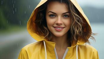 ai genererad leende ung kvinna i regn med paraply genererad förbi ai foto