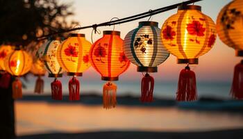 ai genererad kinesisk lyktor belysa de natt, symboliserar traditionell festival firande genererad förbi ai foto