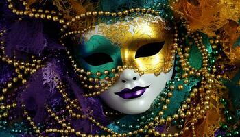 ai genererad mardi gras mask lyser med elegans och mysterium genererad förbi ai foto