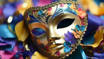 ai genererad färgrik masker smycka ansikten på vibrerande mardi gras genererad förbi ai foto
