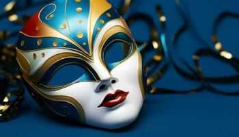 ai genererad guld färgad mask lyser i elegant firande genererad förbi ai foto