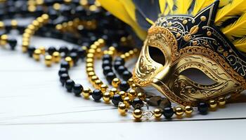 ai genererad guld färgad mask lyser på mardi gras firande genererad förbi ai foto