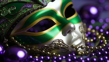 ai genererad mardi gras mask lyser med vibrerande färger genererad förbi ai foto