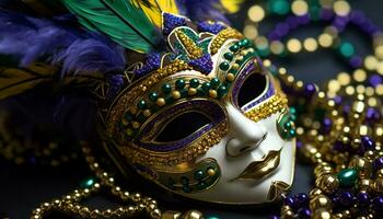 ai genererad maskerad festare i guld kostymer fira mardi gras tradition genererad förbi ai foto