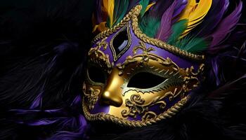 ai genererad befjädrad mask ger mysterium till elegant mardi gras genererad förbi ai foto