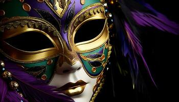 ai genererad befjädrad mask lägger till glamour till mystisk karneval kostym genererad förbi ai foto