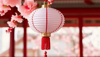 ai genererad kinesisk lykta hängande i vinter, symboliserar välstånd genererad förbi ai foto