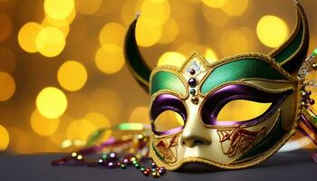 ai genererad skinande guld mask ger elegans till mardi gras genererad förbi ai foto