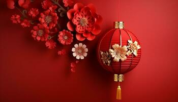 ai genererad röd lyktor hängande, symboliserar traditionell kinesisk firande genererad förbi ai foto