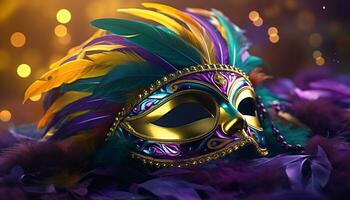 ai genererad befjädrad mask lägger till mysterium till vibrerande mardi gras genererad förbi ai foto