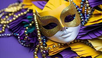 ai genererad lila mask, mardi gras firande, elegans, glamour genererad förbi ai foto