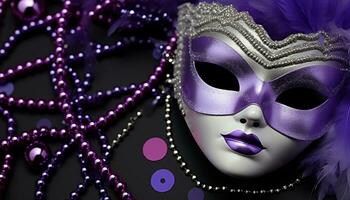 ai genererad lila mask, elegans och glamour i mardi gras genererad förbi ai foto